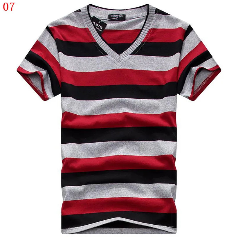 Male V-neck Tees Tops Men's Short Sleeve Tshirt Man Cotton Striped T Shirts Mens Clothing Multi Size