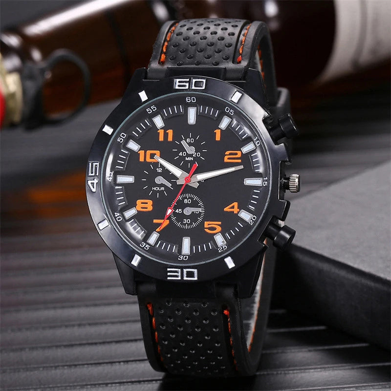 FashionBlack Leather Quartz Watch For Men Personality Round Watch Dial Watch Bracelet Set