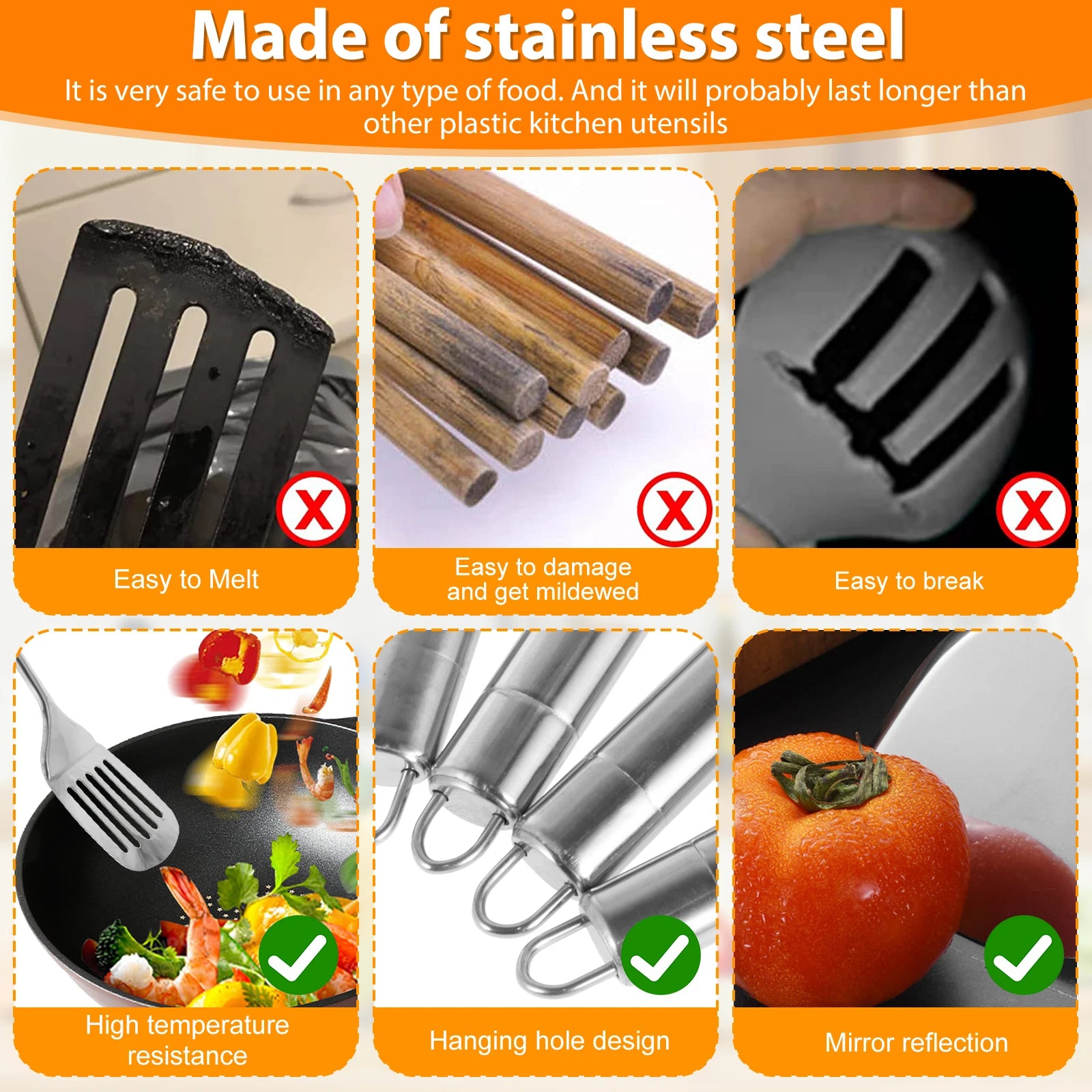 5Pcs Kitchen Cooking Utensils Set Stainless Steel Cooking Tools Reusable Kitchen Gadgets Washable Spoons Spatula Cookware Set