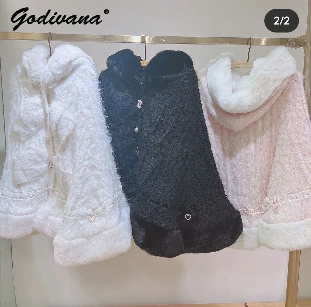 Japanese Sweet Soft Thick Women's Double-Layer Big Ribbon Hooded Knitted Cloak 3 Colors Autumn and Winter Ponchos Warm Jacket