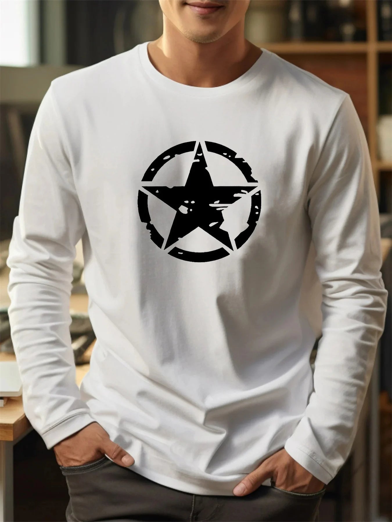 Men's 100% pure cotton loose fit plus size casual sports pentagram pattern printed round neck long sleeved T-shirt top
