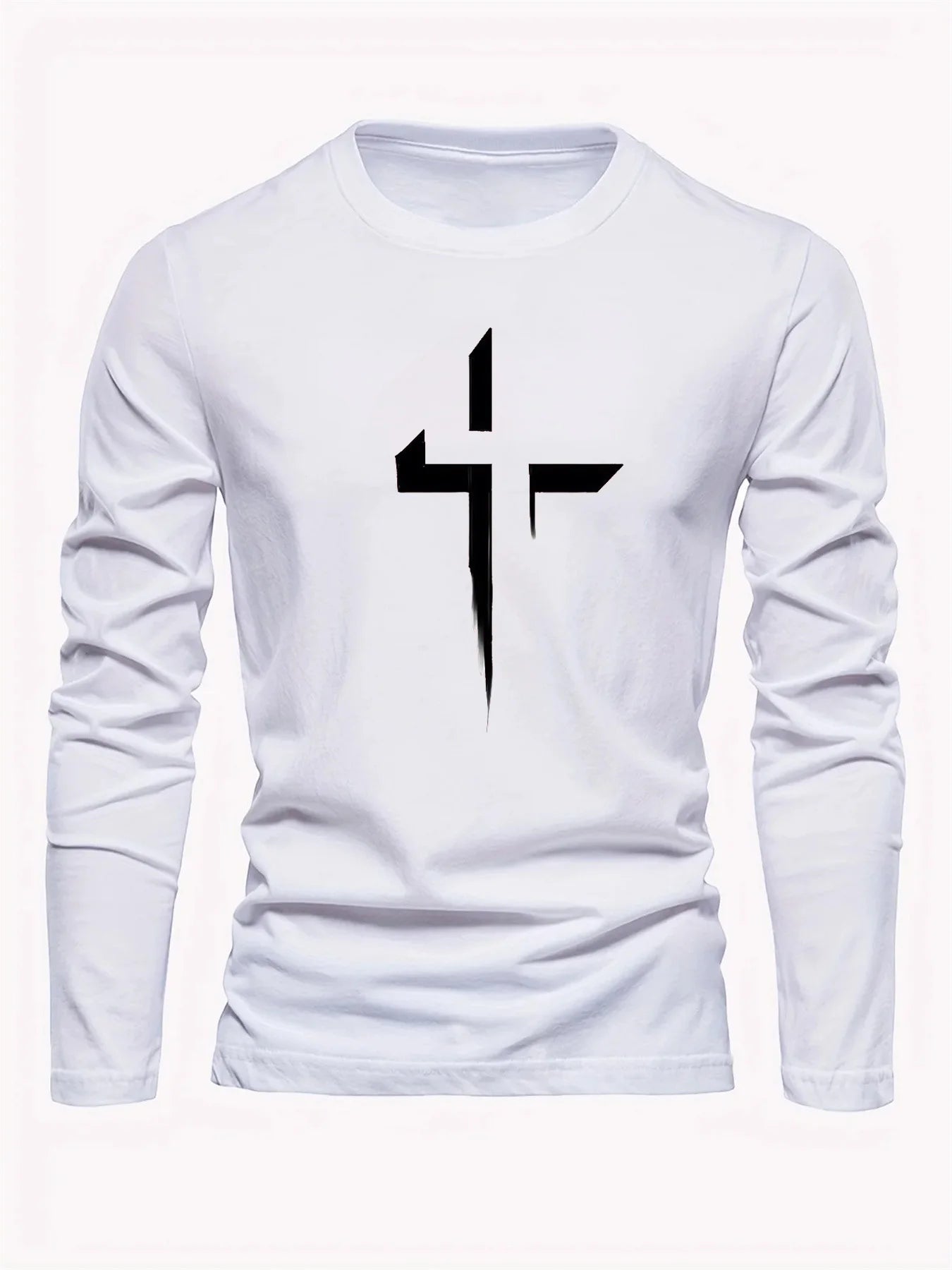 Men's 100% pure cotton loose fit plus size comfortable casual sports cross print round neck long sleeved T-shirt top