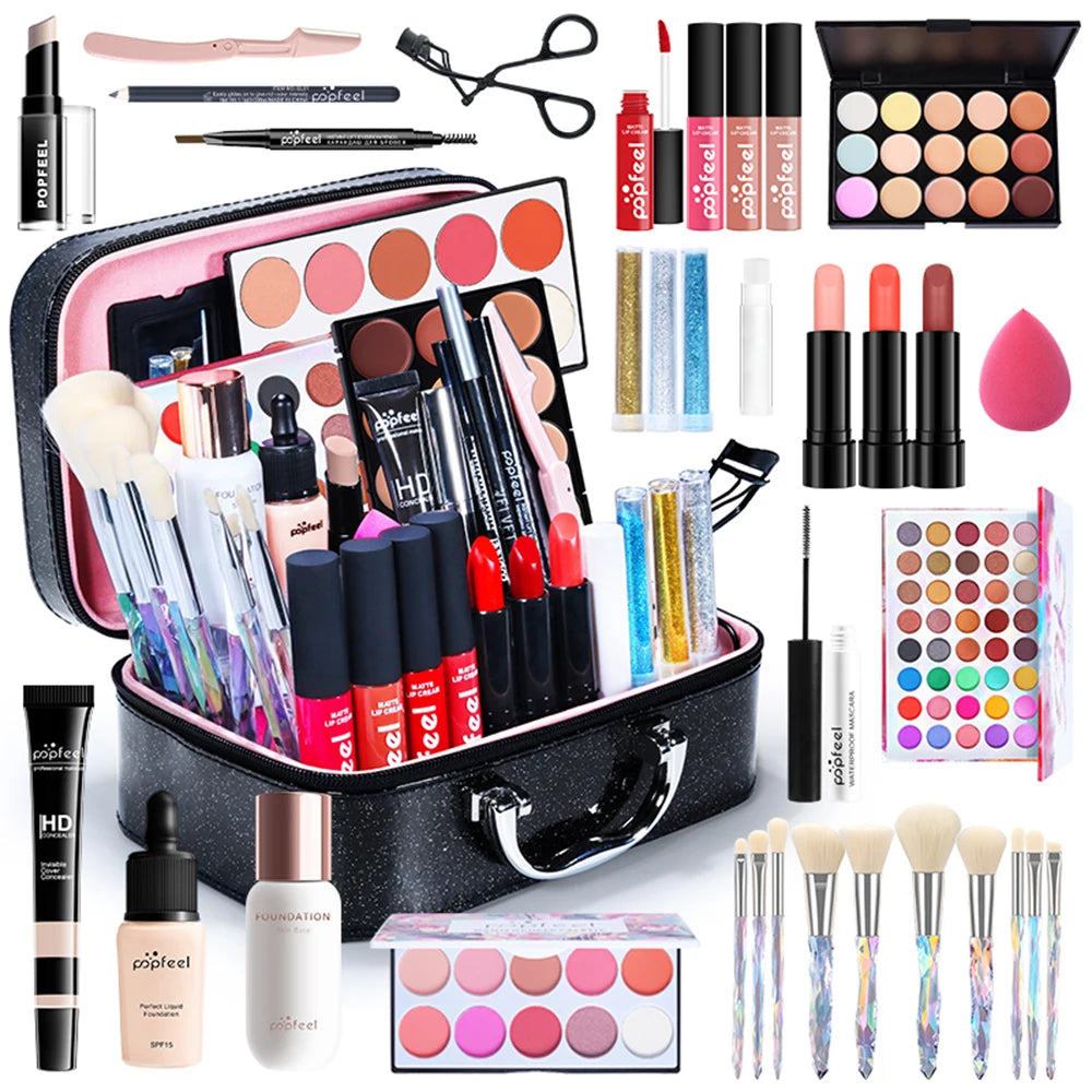 All-in-one full makeup kit with eyeshadow, eyeliner & eyebrow tools