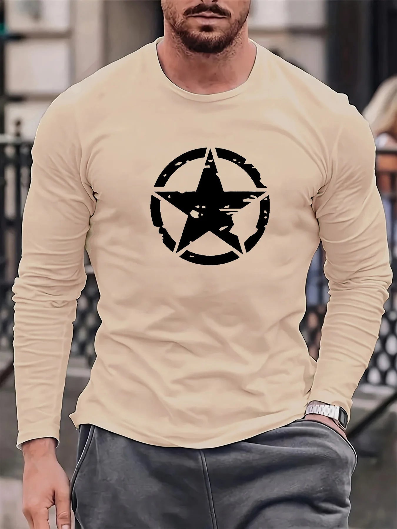 Men's 100% pure cotton loose fit plus size casual sports pentagram pattern printed round neck long sleeved T-shirt top
