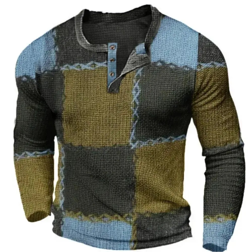 Henry Shirts Patchwork Plaid 3D Rags Print Pattern New Men's Long Sleeved T-shirt With Men's Clothing Spring Autumn Sizes S -5XL