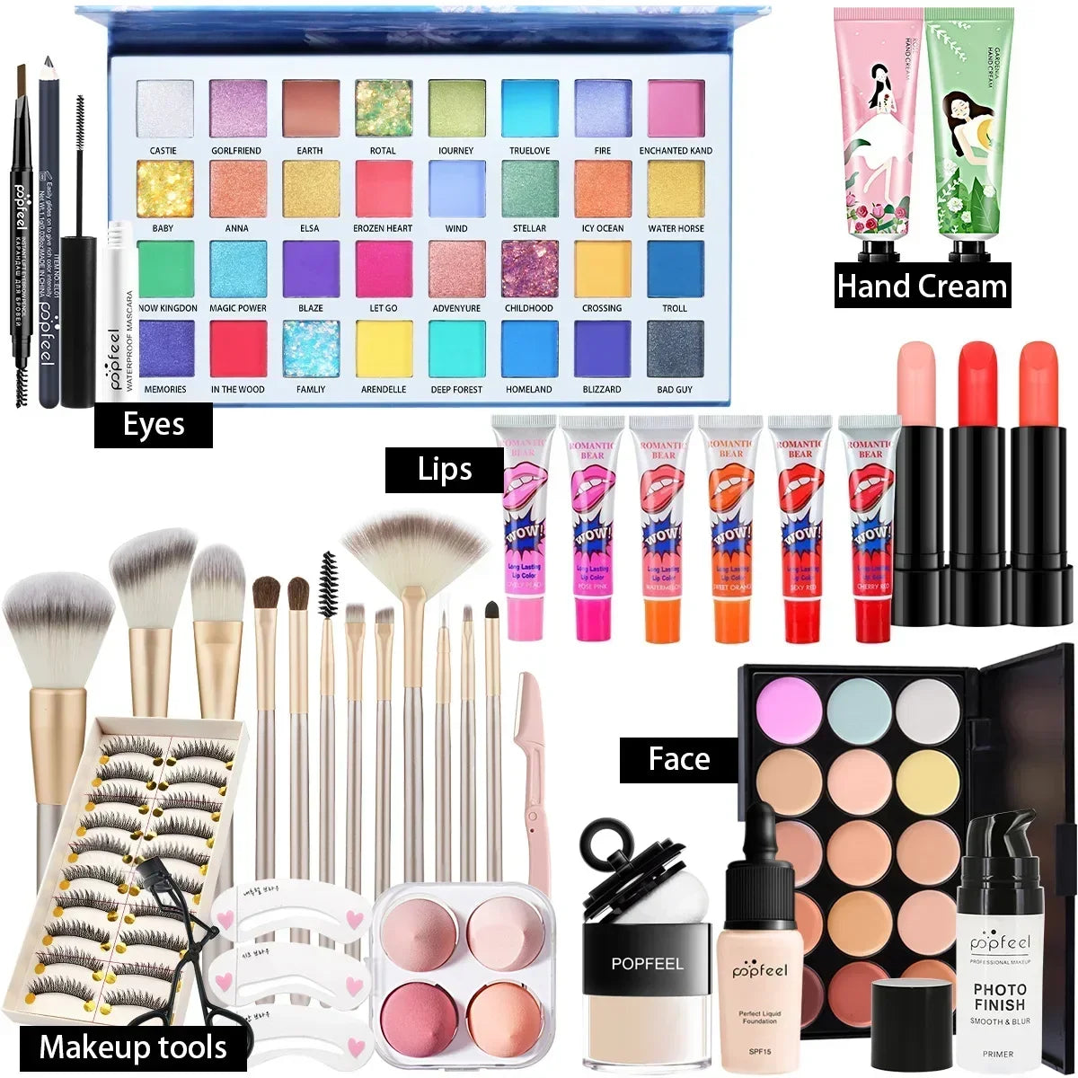 POPFEEL All-in-One Makeup Kit – Eyeshadow, Lip Gloss, Blush & Brushes