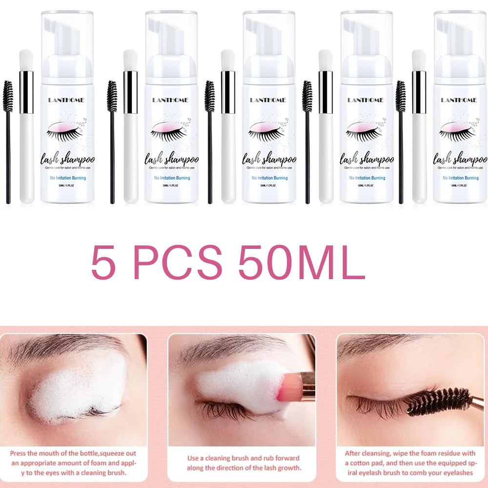 Gentle lash shampoo foam kit with brush – cleanses extensions & removes makeup