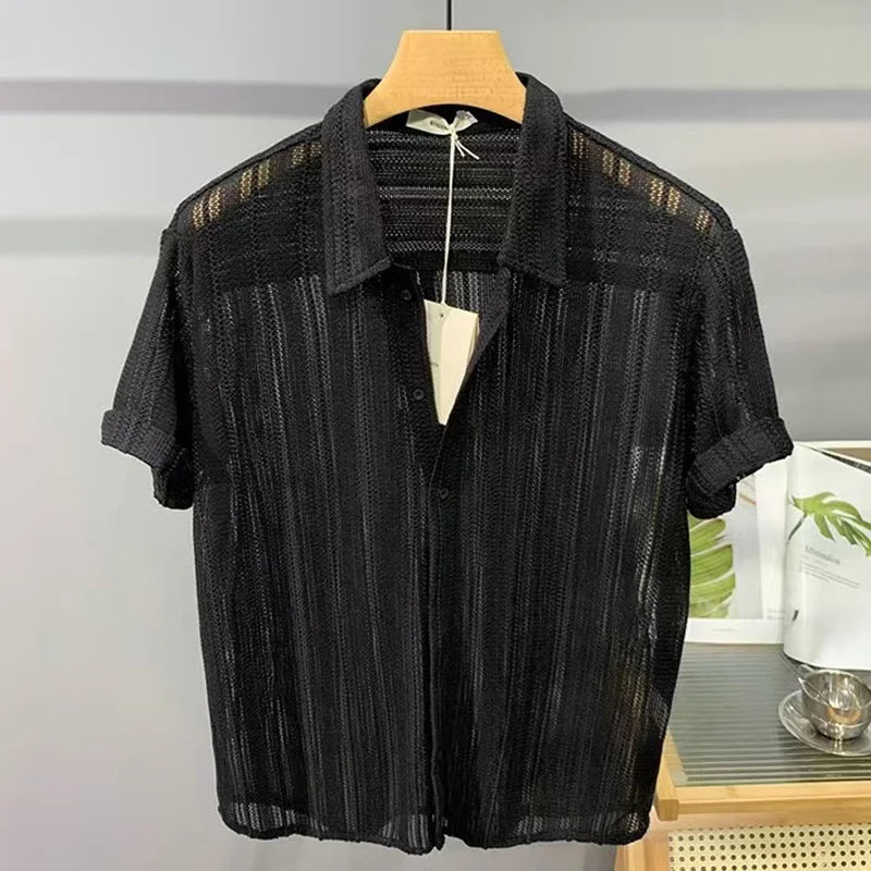 Summer New Knitted Hollow Out Shirts Men Button Lapel Short Sleeve Knit Shirt Mens Knitwear Casual Solid Striped Patchwork Tops