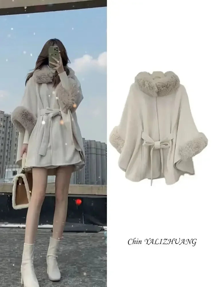 2024 Women's Fur Coat Poncho Wool Warm Fashion Knitted Cloak With Fur Trim Faux Fur Poncho Cape goth Overcoat capas y ponchos
