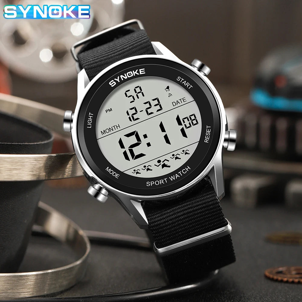 Synoke Men Outdoor Sports Multifunctional Waterproof Large Screen Display Luminous LED Digital For Men Nylon Strap Watch