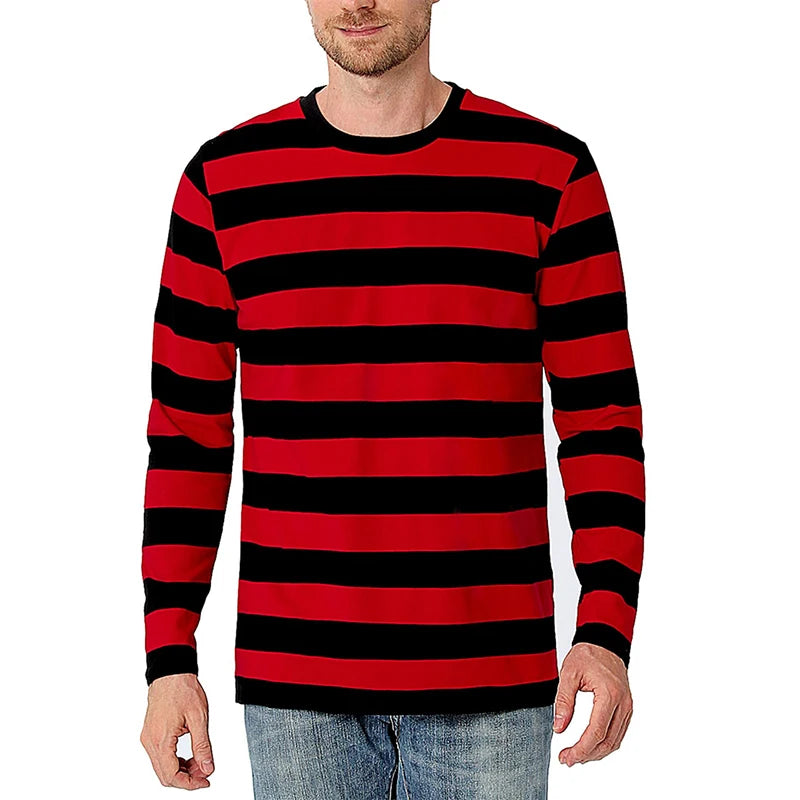 Fashion Contrast Stripe 3D Print Men Long Sleeve T-shirt Casual Fashion O-Neck Oversized T Shirts Tops polyester Men Clothing