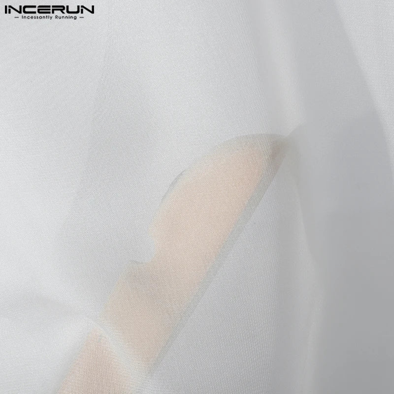 INCERUN Men Shirt Mesh Patchwork Transparent Lapel Long Sleeve Men Clothing Oversize Sexy 2025 Streetwear Unisex Shirts S-5XL