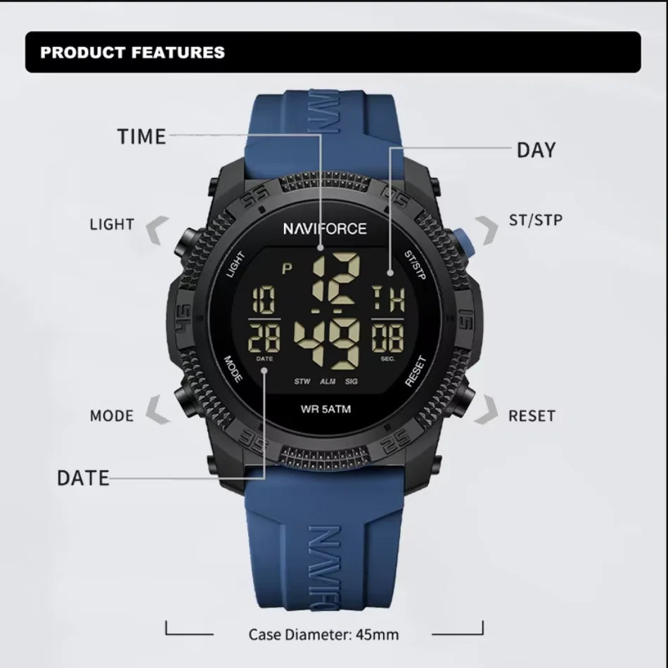 NAVIFORCE Men's Fashion LCD Digital Wristwatch 50m Waterproof Sports Silicone Strap Watches for Man Casual Electronic Male Clock