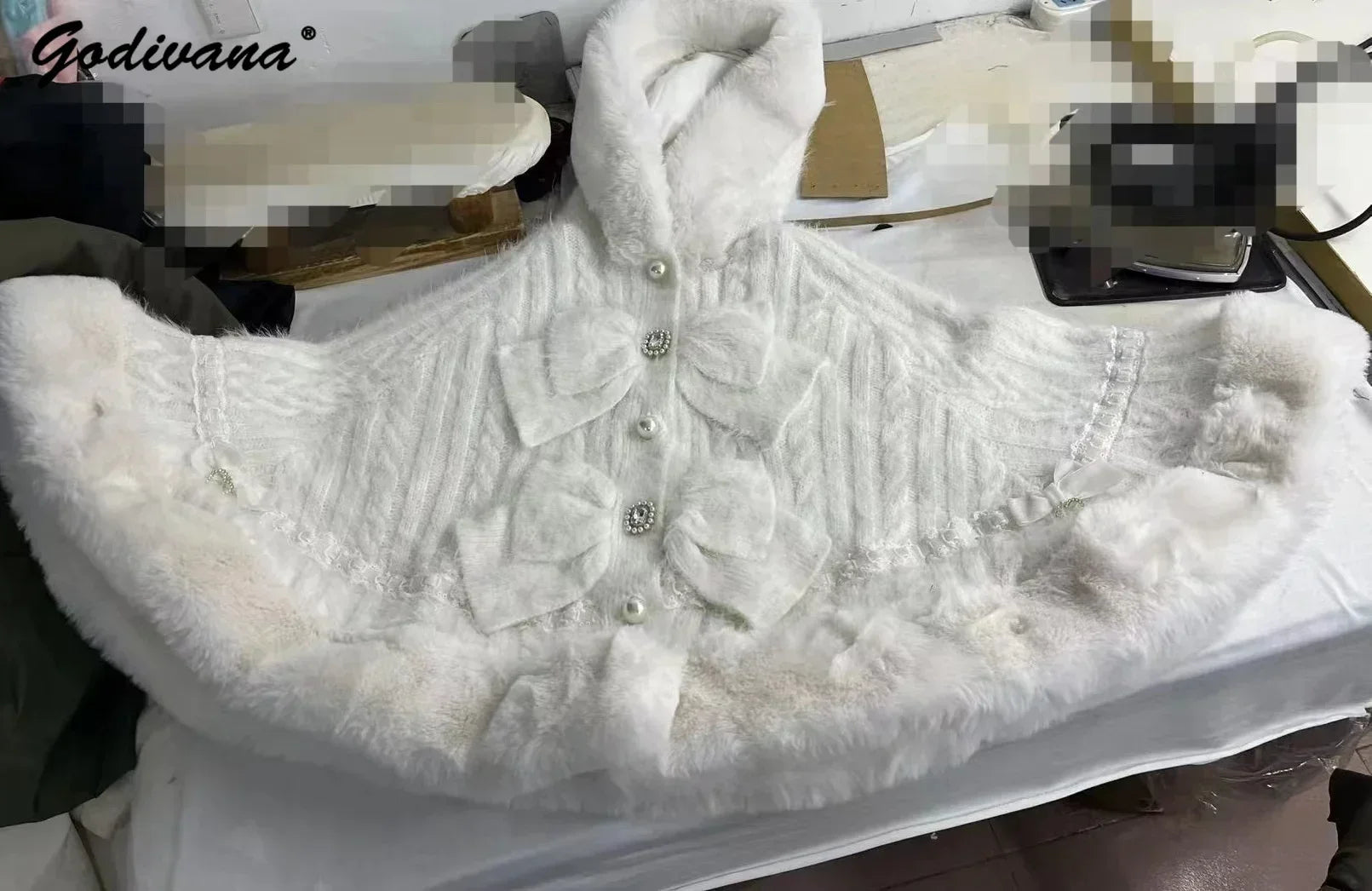 Japanese Sweet Soft Thick Women's Double-Layer Big Ribbon Hooded Knitted Cloak 3 Colors Autumn and Winter Ponchos Warm Jacket