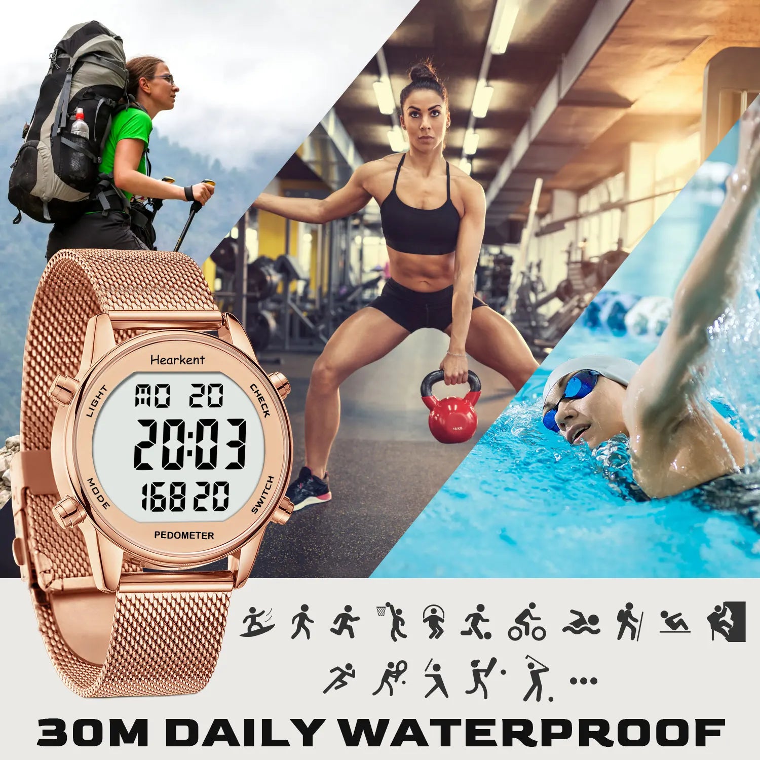 Hearkent Pedometer Watches Sport Step Counter Women's Digital Watches Calories Mile Tracker Waterproof 30M for Walking Running