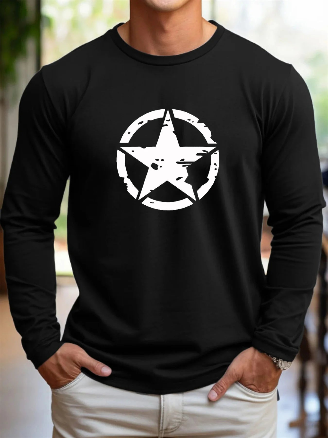 Men's 100% pure cotton loose fit plus size casual sports pentagram pattern printed round neck long sleeved T-shirt top