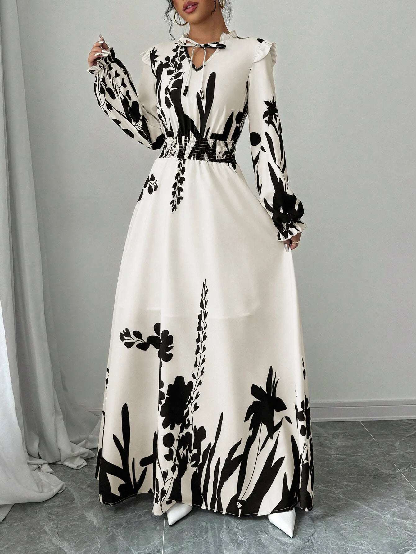 Autumn long-sleeve ruffled collar A-line dress – stylish & elegant.