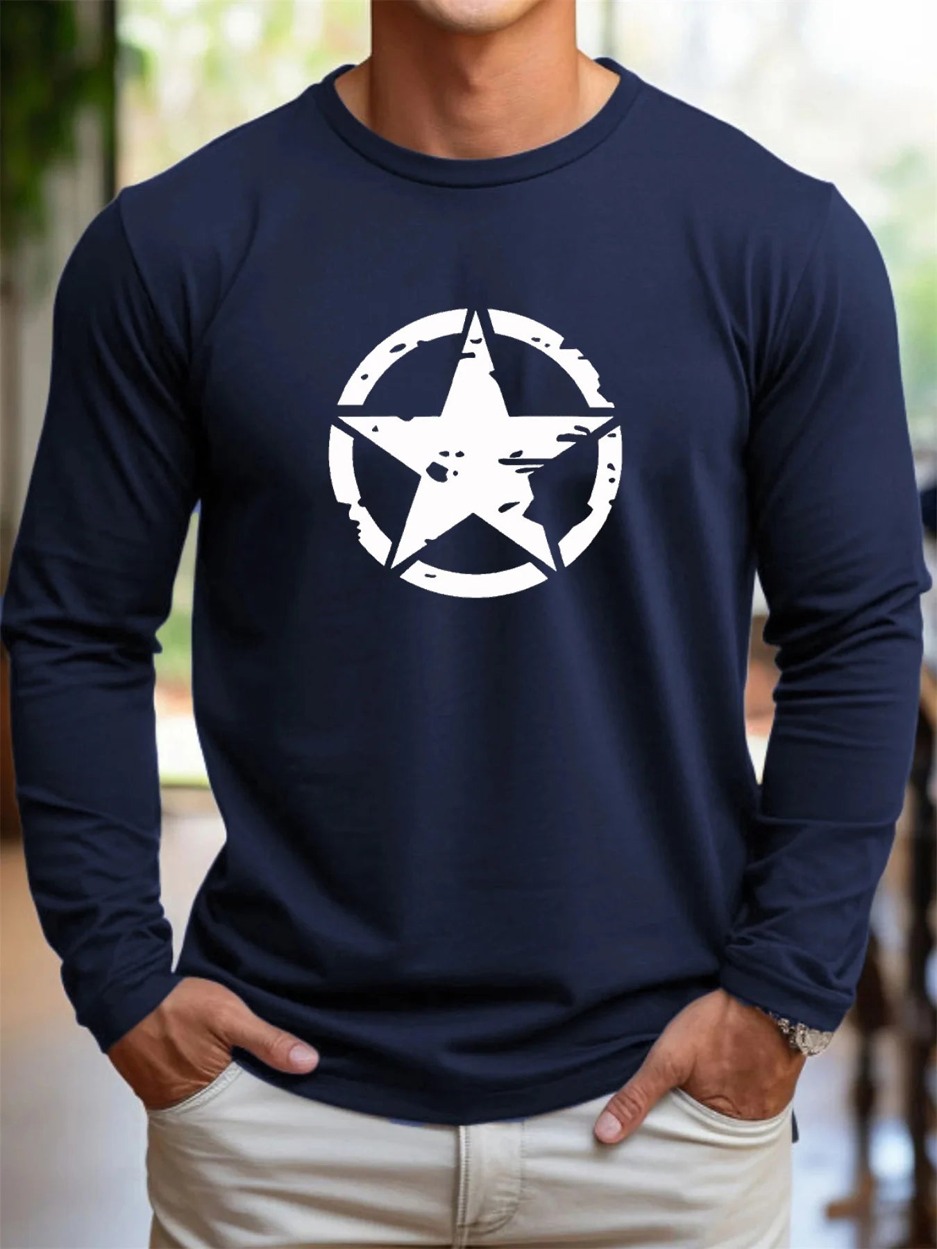 Men's 100% pure cotton loose fit plus size casual sports pentagram pattern printed round neck long sleeved T-shirt top