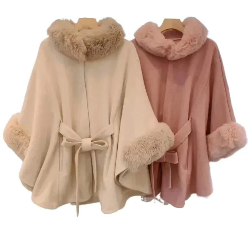 2024 Women's Fur Coat Poncho Wool Warm Fashion Knitted Cloak With Fur Trim Faux Fur Poncho Cape goth Overcoat capas y ponchos