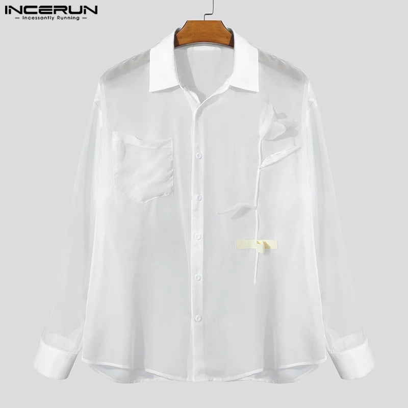 INCERUN Men Shirt Mesh Patchwork Transparent Lapel Long Sleeve Men Clothing Oversize Sexy 2025 Streetwear Unisex Shirts S-5XL