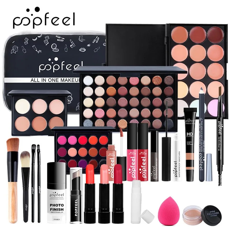 All-in-one full makeup kit with eyeshadow, eyeliner & eyebrow tools