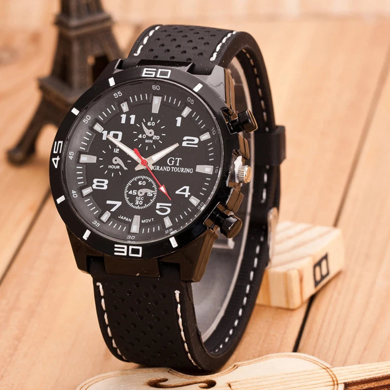 FashionBlack Leather Quartz Watch For Men Personality Round Watch Dial Watch Bracelet Set