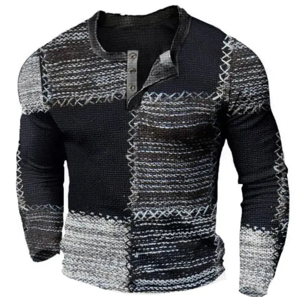 Henry Shirts Patchwork Plaid 3D Rags Print Pattern New Men's Long Sleeved T-shirt With Men's Clothing Spring Autumn Sizes S -5XL