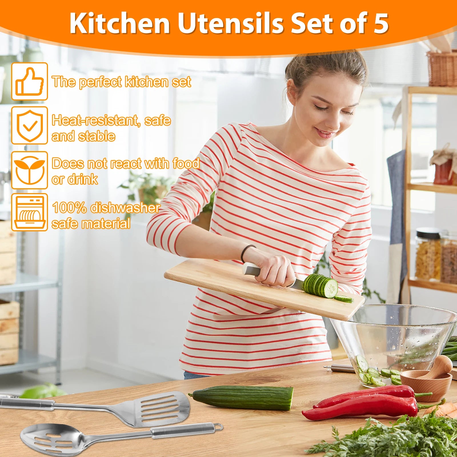 5Pcs Kitchen Cooking Utensils Set Stainless Steel Cooking Tools Reusable Kitchen Gadgets Washable Spoons Spatula Cookware Set