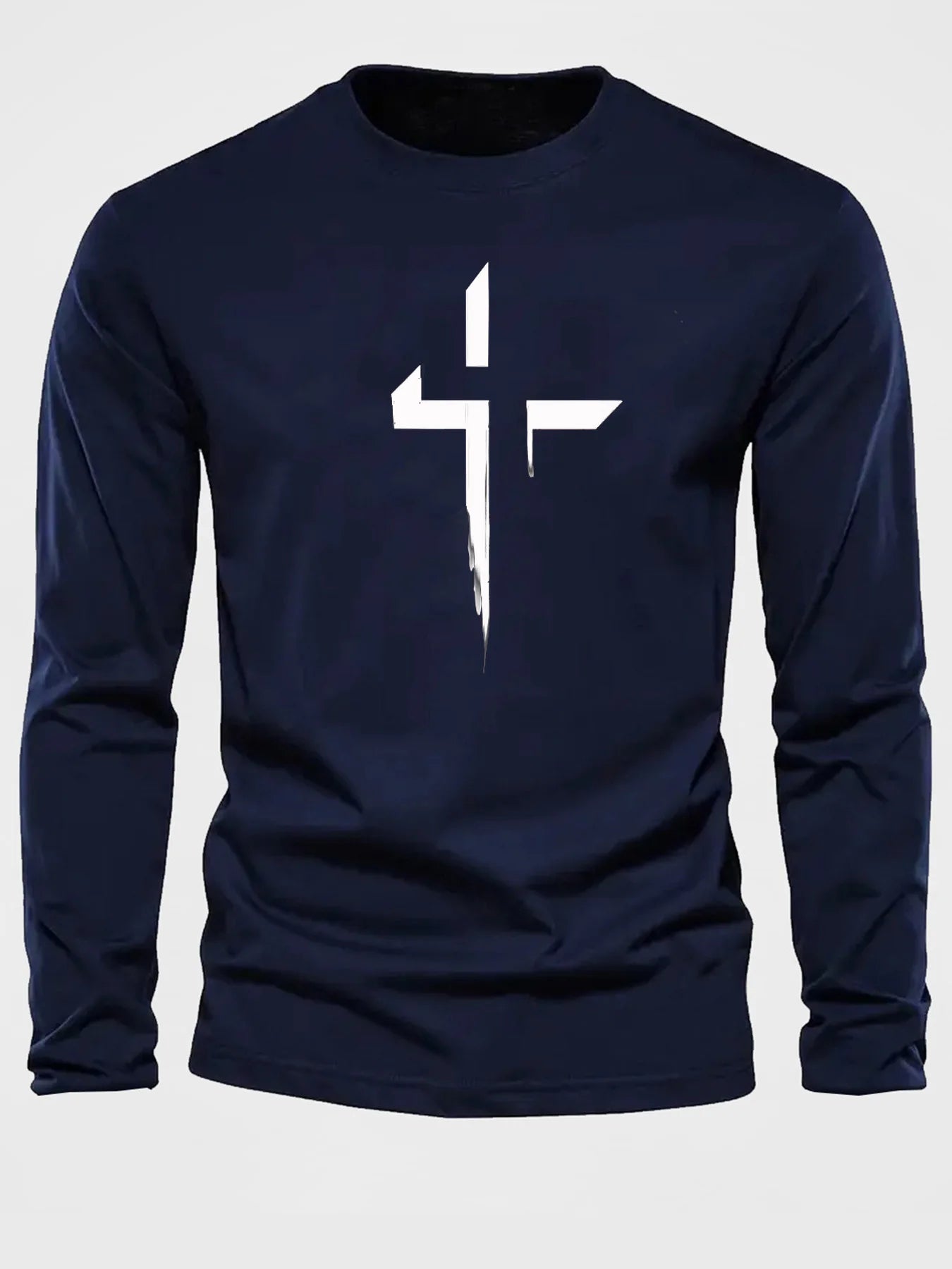 Men's 100% pure cotton loose fit plus size comfortable casual sports cross print round neck long sleeved T-shirt top