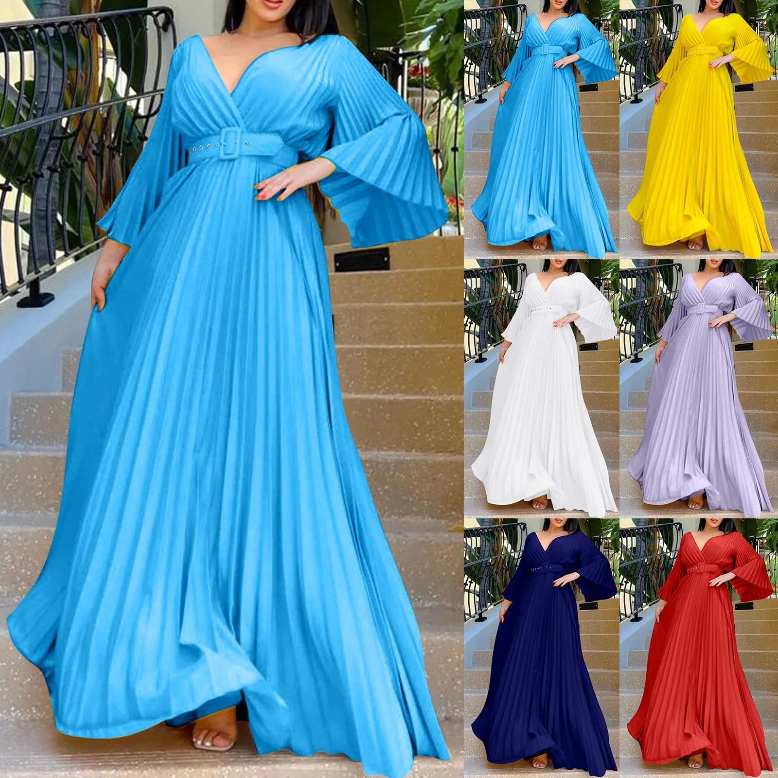 Womens Deep V Neck Plus Size Evening Dress Long Sleeves With Belt Maxi Dresses Temperament Sexy Big Swing Pleated Long Dresses