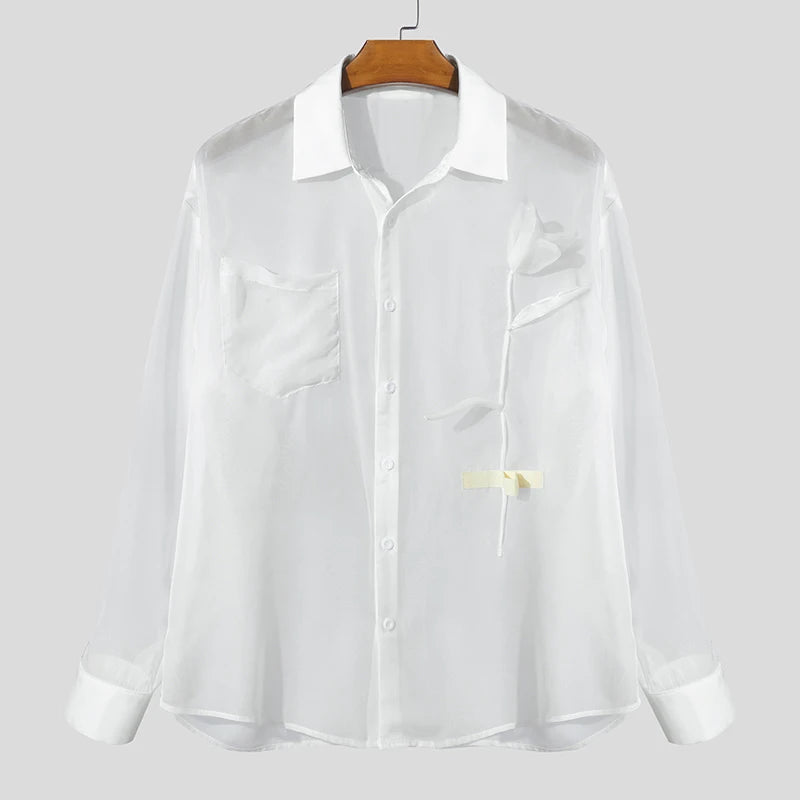 INCERUN Men Shirt Mesh Patchwork Transparent Lapel Long Sleeve Men Clothing Oversize Sexy 2025 Streetwear Unisex Shirts S-5XL