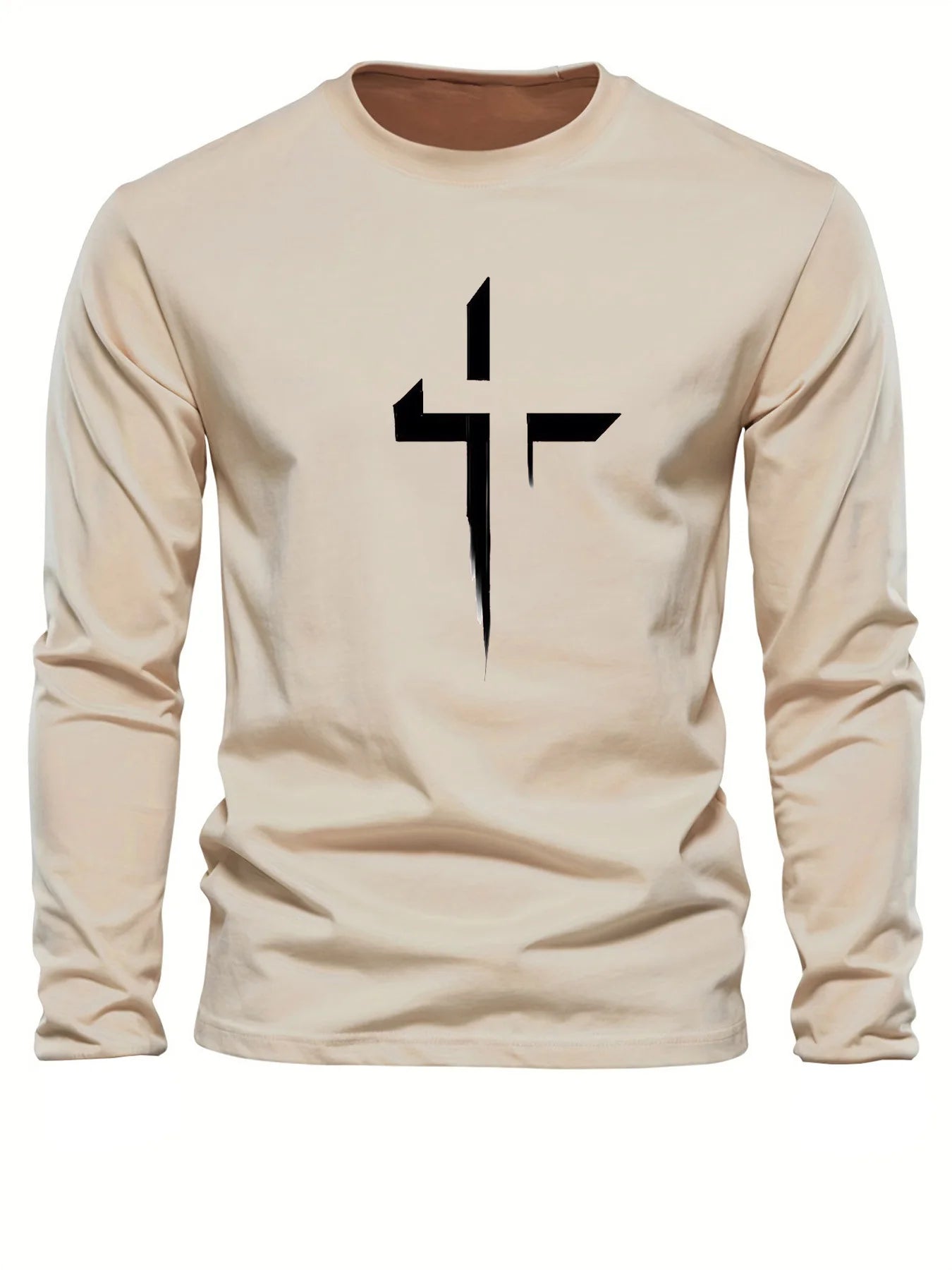 Men's 100% pure cotton loose fit plus size comfortable casual sports cross print round neck long sleeved T-shirt top