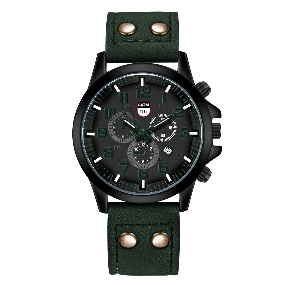 Fashion Men's Watches Casual Leather Band Quartz Watch Male Military Calendar Wristwatch