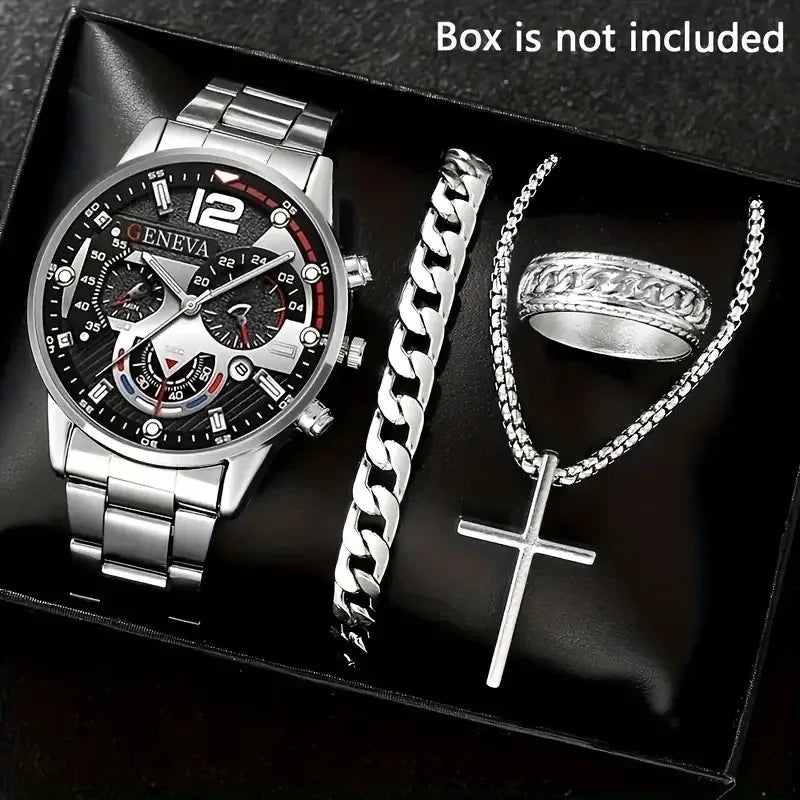 Fashion Roman Scale Quartz Wristwatch 4pcs Set Men Business Watch Fake Three Eyes Calendar Cross Necklace Bracelet Ring Set