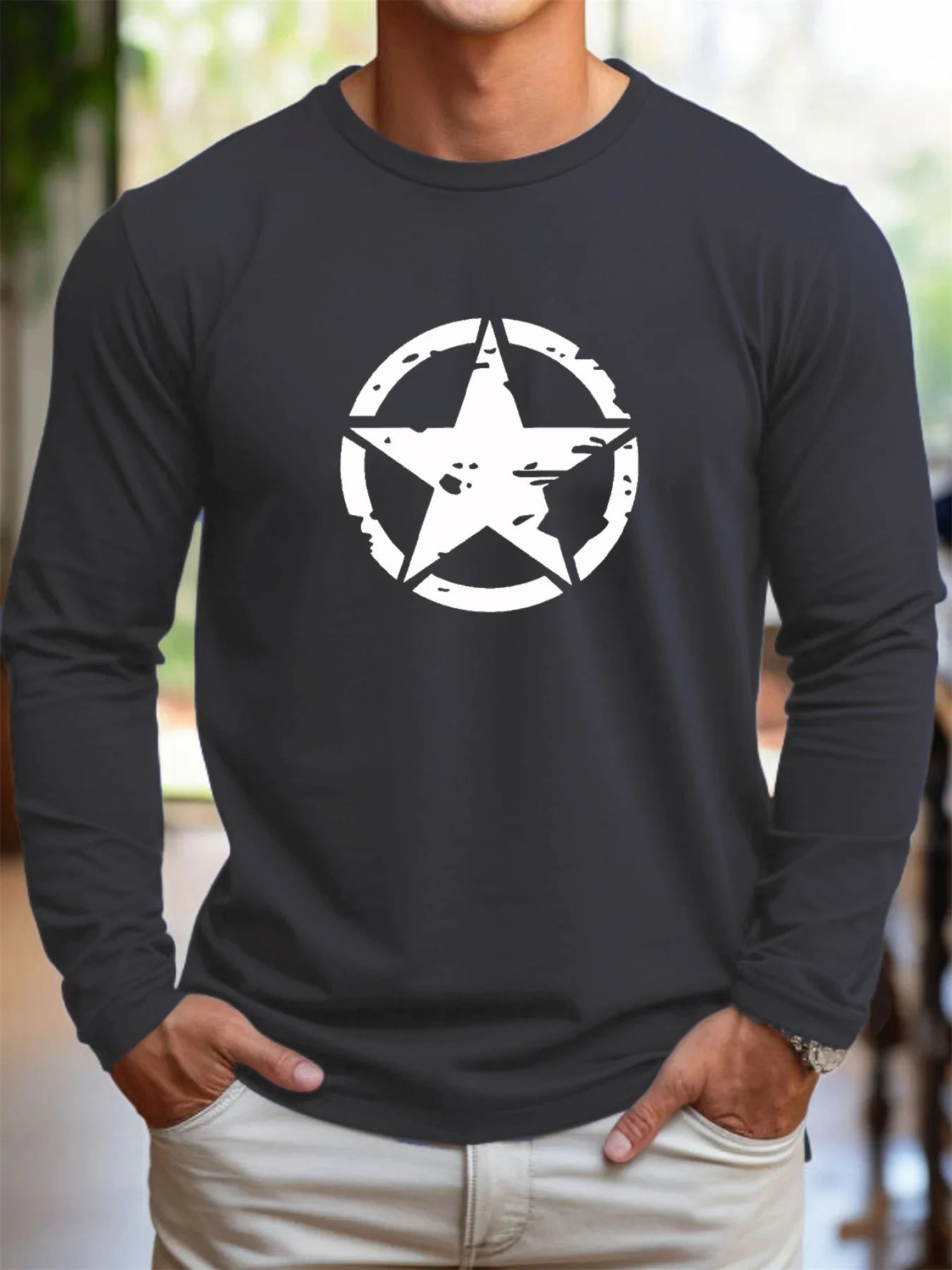 Men's 100% pure cotton loose fit plus size casual sports pentagram pattern printed round neck long sleeved T-shirt top