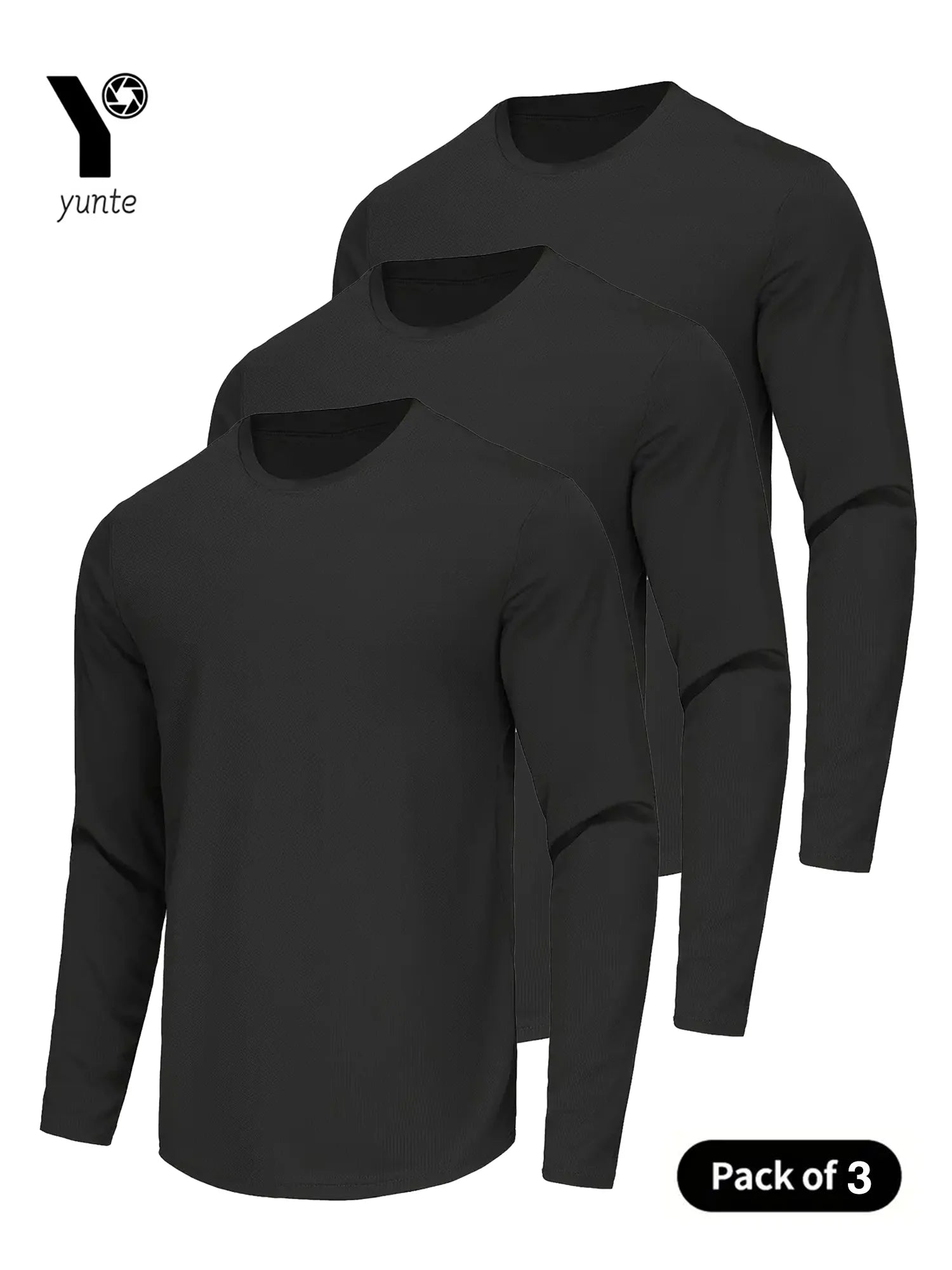 Sports Long-Sleeved Black 3-Piece Men's Round Neck Shirt Quick-Drying Top Fitness Sportswear Casual Outdoor Sportswear Body-Shap