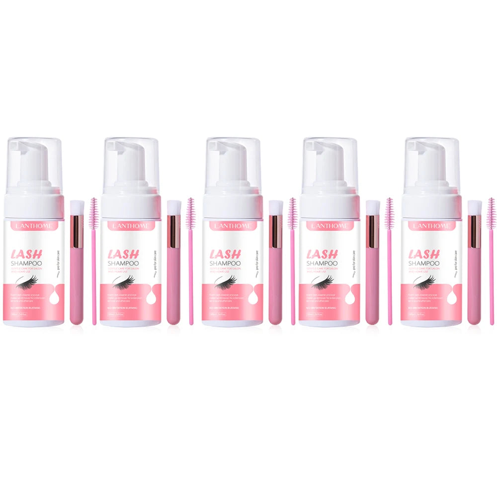 Gentle lash shampoo foam kit with brush – cleanses extensions & removes makeup