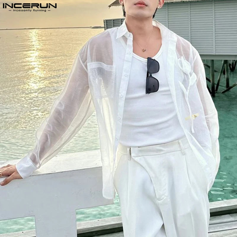 INCERUN Men Shirt Mesh Patchwork Transparent Lapel Long Sleeve Men Clothing Oversize Sexy 2025 Streetwear Unisex Shirts S-5XL