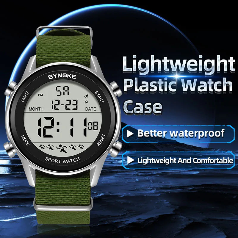 Synoke Men Outdoor Sports Multifunctional Waterproof Large Screen Display Luminous LED Digital For Men Nylon Strap Watch