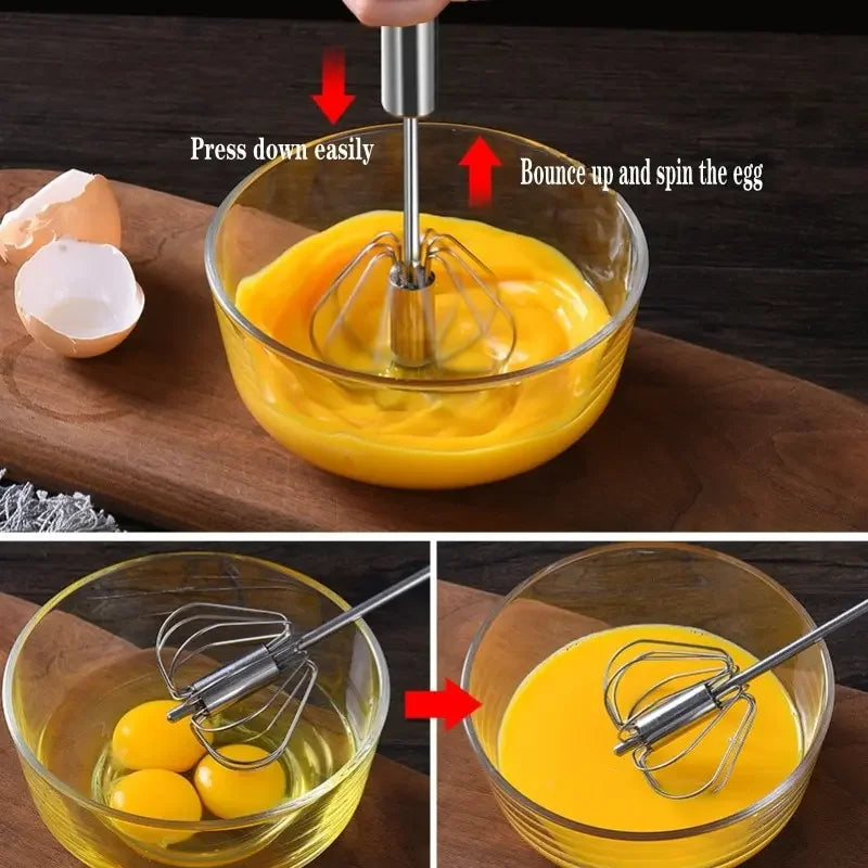Kitchen Stainless Steel Whisk Creamer Semi-automatic Rotary Whisk Beech Wood Vase Handle Hand Mixer