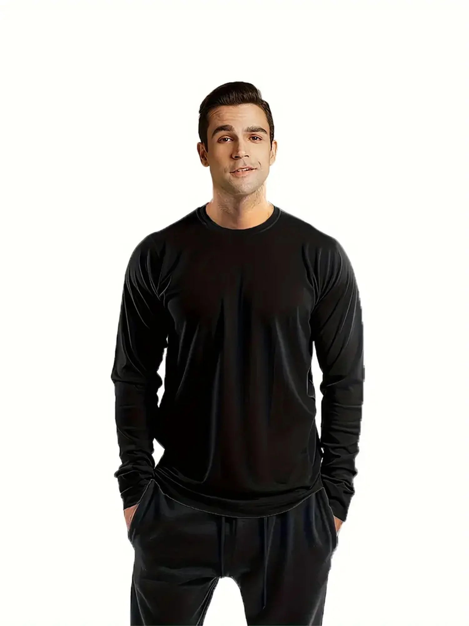 Sports Long-Sleeved Black 3-Piece Men's Round Neck Shirt Quick-Drying Top Fitness Sportswear Casual Outdoor Sportswear Body-Shap