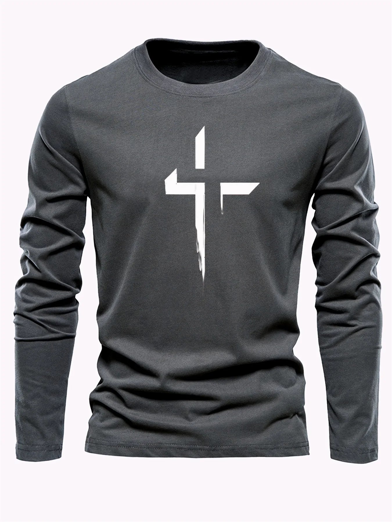 Men's 100% pure cotton loose fit plus size comfortable casual sports cross print round neck long sleeved T-shirt top