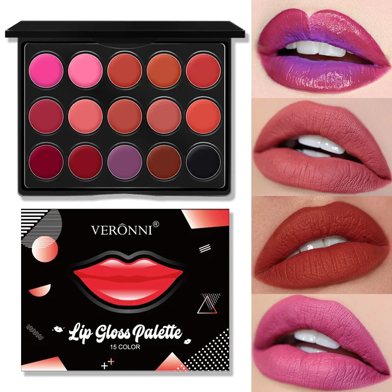 15-Color Mini Lip Gloss Palette – Moisturizing Lipstick for Wome