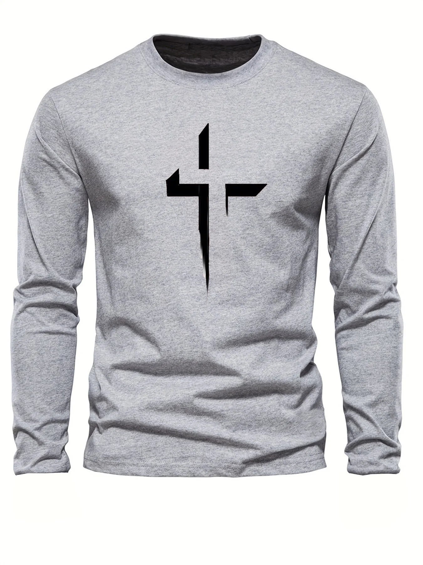 Men's 100% pure cotton loose fit plus size comfortable casual sports cross print round neck long sleeved T-shirt top
