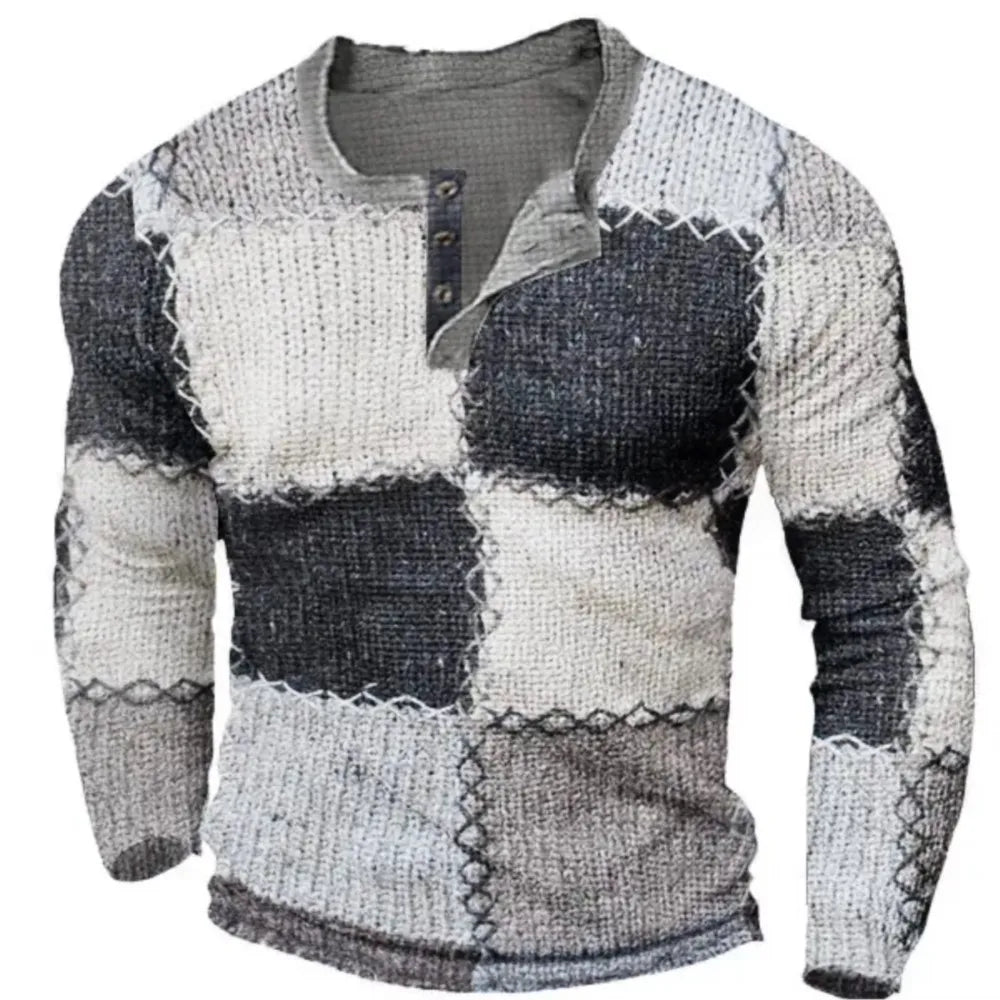 Henry Shirts Patchwork Plaid 3D Rags Print Pattern New Men's Long Sleeved T-shirt With Men's Clothing Spring Autumn Sizes S -5XL