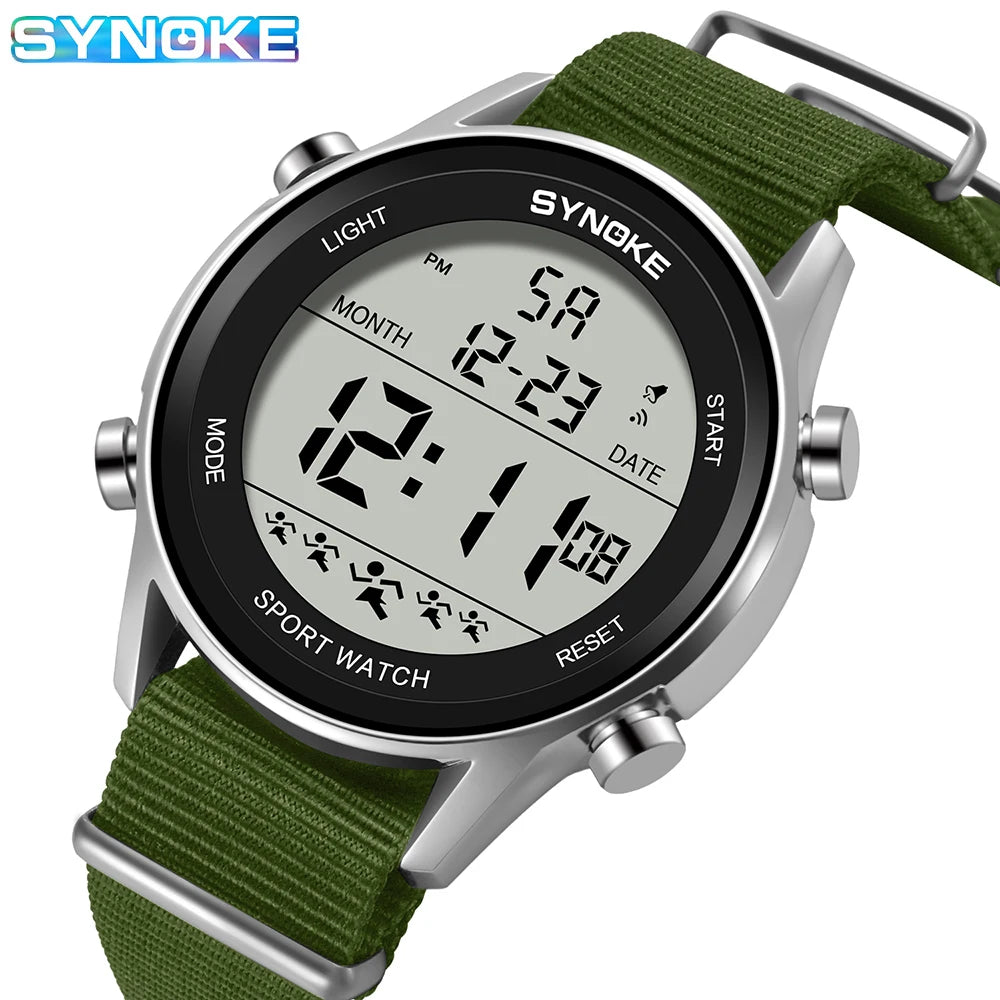 Synoke Men Outdoor Sports Multifunctional Waterproof Large Screen Display Luminous LED Digital For Men Nylon Strap Watch