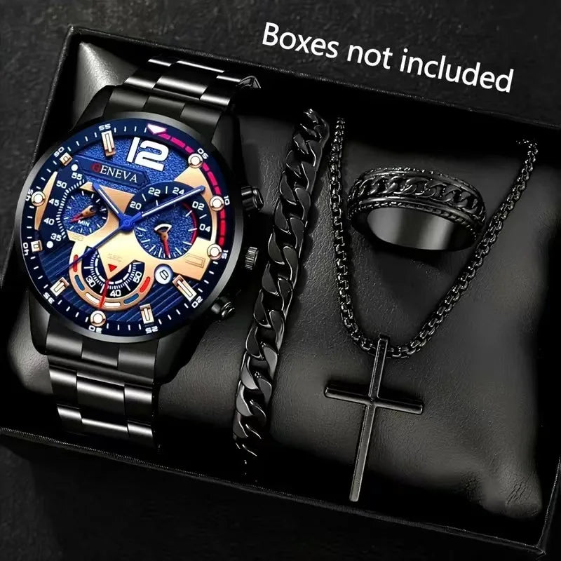 Fashion Roman Scale Quartz Wristwatch 4pcs Set Men Business Watch Fake Three Eyes Calendar Cross Necklace Bracelet Ring Set
