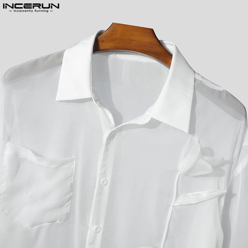 INCERUN Men Shirt Mesh Patchwork Transparent Lapel Long Sleeve Men Clothing Oversize Sexy 2025 Streetwear Unisex Shirts S-5XL