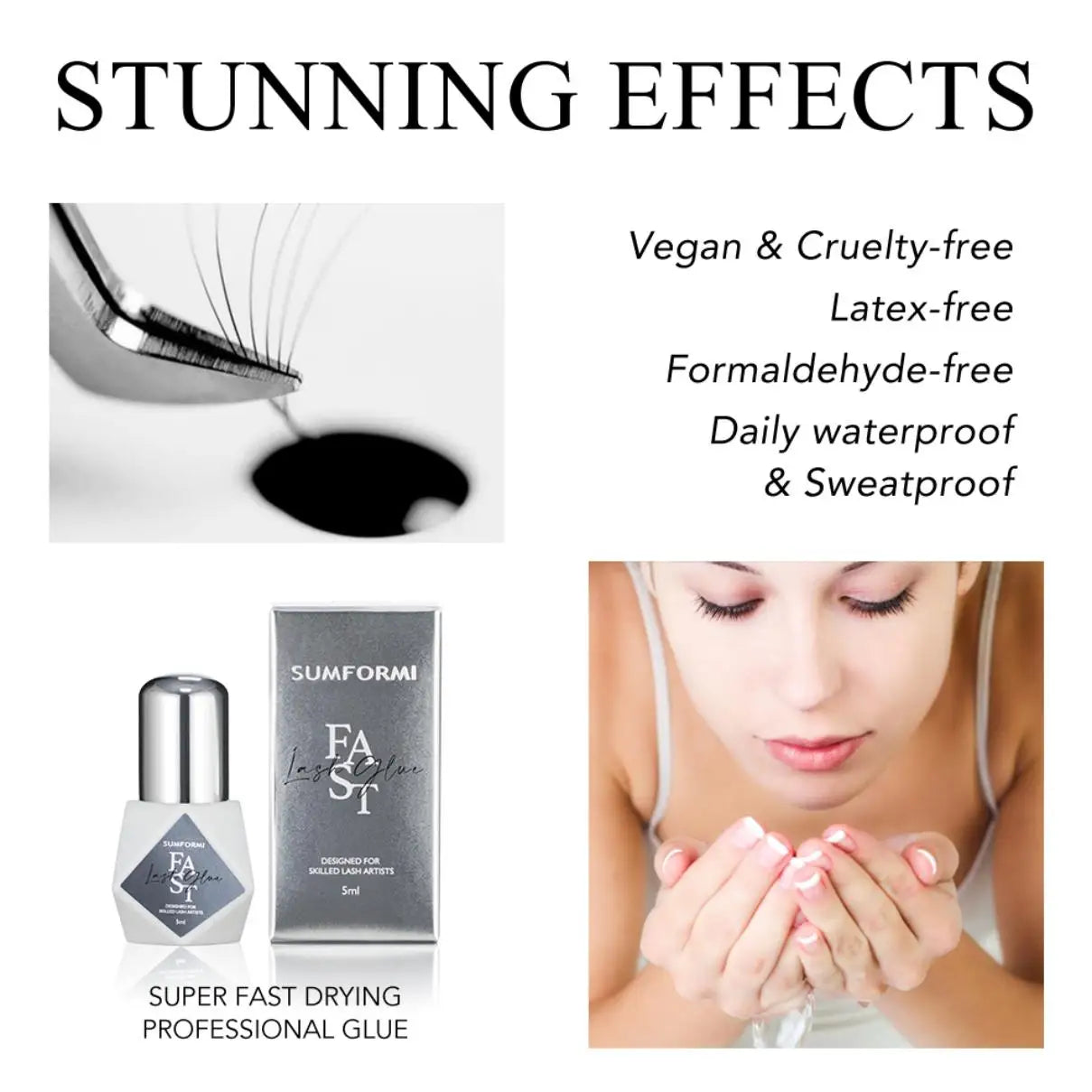 Fast-drying lash glue with no odor or irritation – perfect for eyelash extensions.