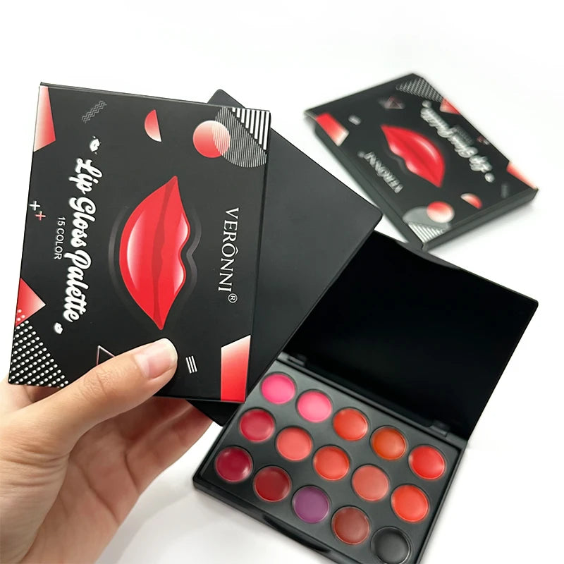 15-Color Mini Lip Gloss Palette – Moisturizing Lipstick for Wome